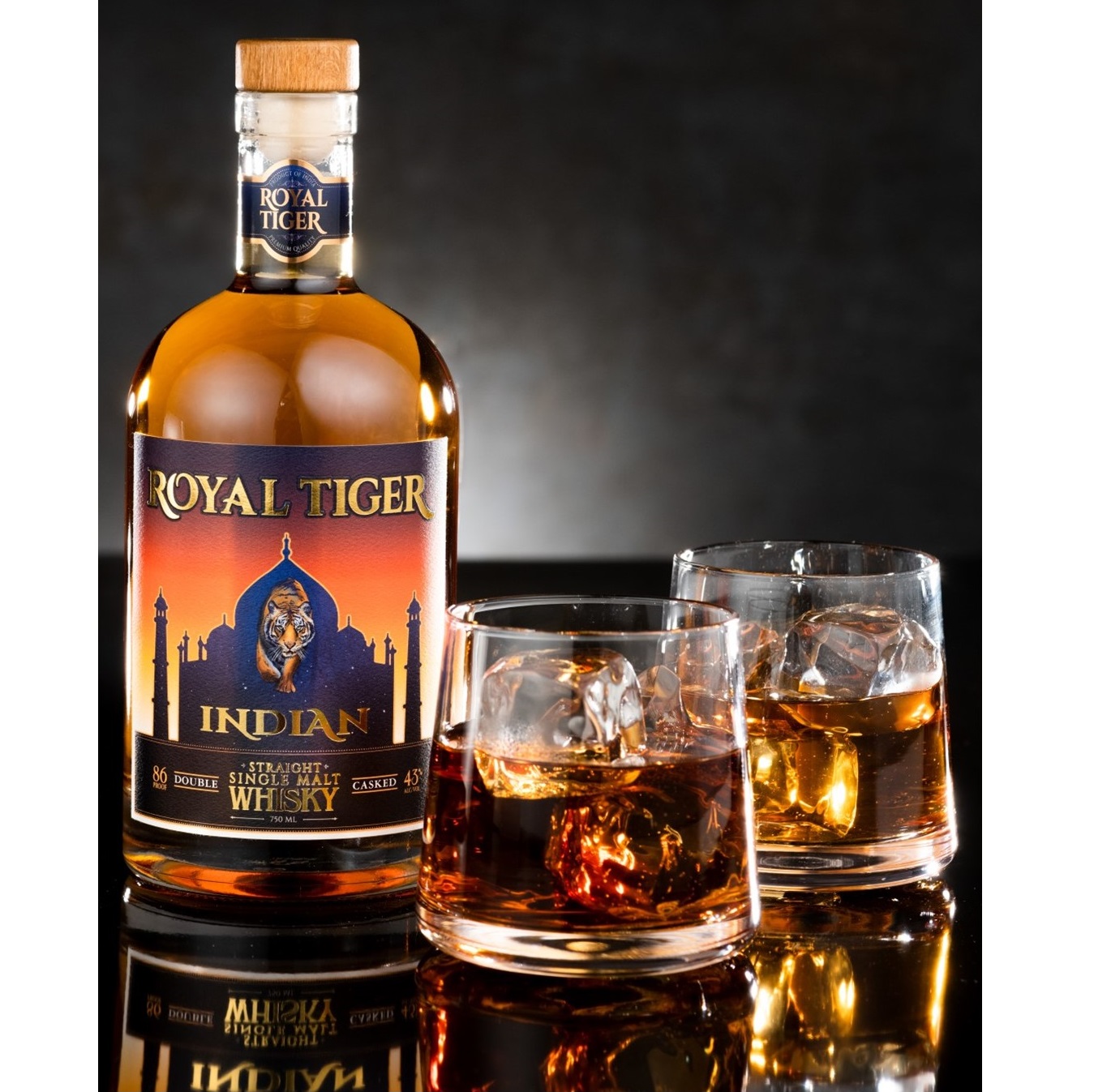 Royal Tiger Whisky bottle and glasses SQUARE