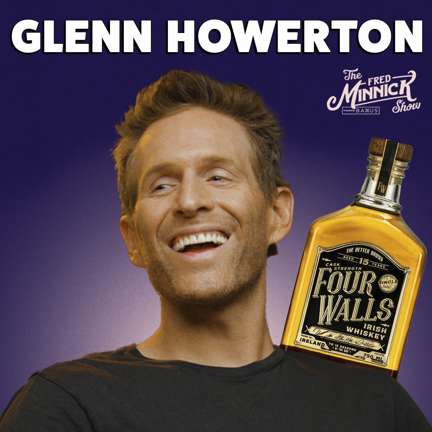 Glenn Howerton Fred Minnick Show button with Four Walls whiskey bottle