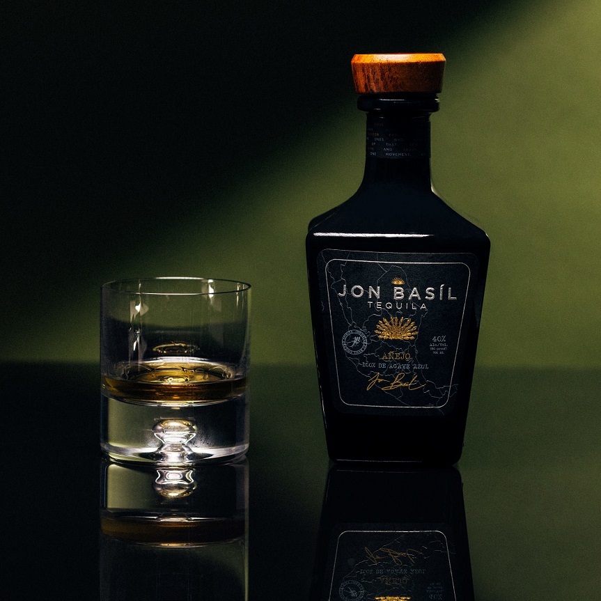 Jon Basil Añejo bottle with glass